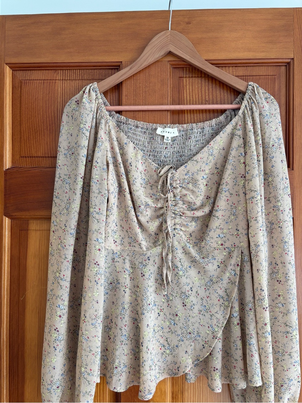 Promesa Beige Floral Tie-Front Peasant Top